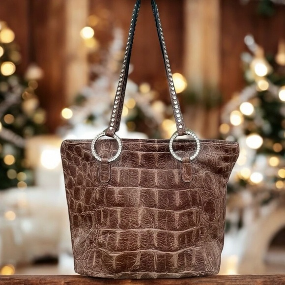 Raviani Brown Croc Embossed Leather With Crystals Tote Bag - Picture 5 of 10